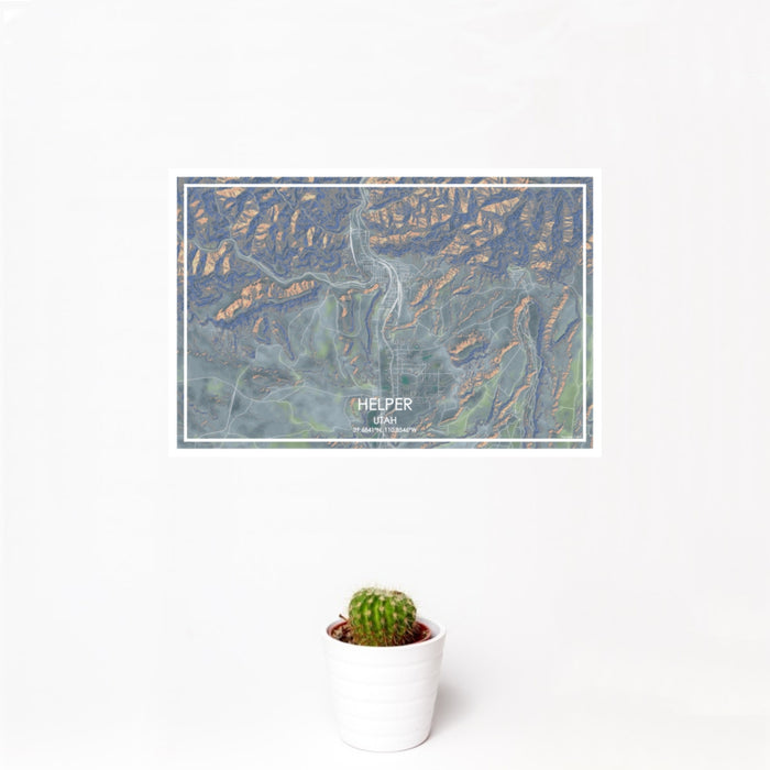 12x18 Helper Utah Map Print Landscape Orientation in Afternoon Style With Small Cactus Plant in White Planter