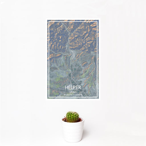 12x18 Helper Utah Map Print Portrait Orientation in Afternoon Style With Small Cactus Plant in White Planter