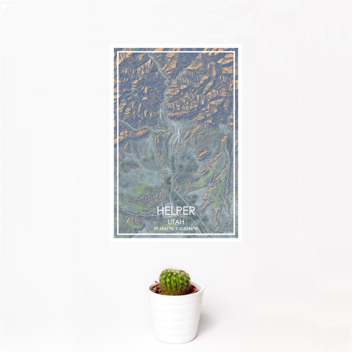 12x18 Helper Utah Map Print Portrait Orientation in Afternoon Style With Small Cactus Plant in White Planter