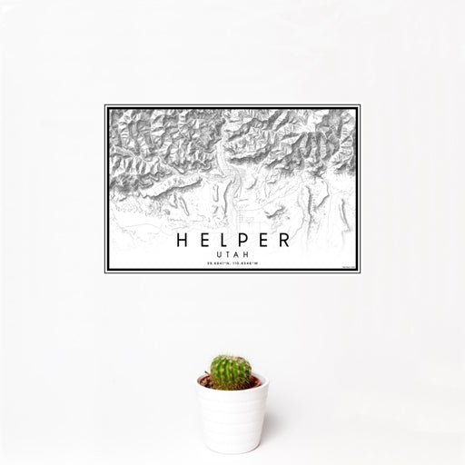 12x18 Helper Utah Map Print Landscape Orientation in Classic Style With Small Cactus Plant in White Planter