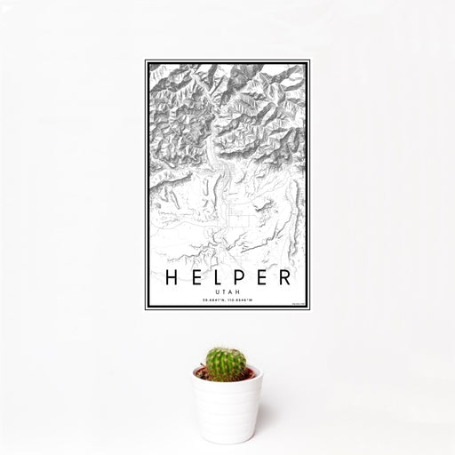12x18 Helper Utah Map Print Portrait Orientation in Classic Style With Small Cactus Plant in White Planter
