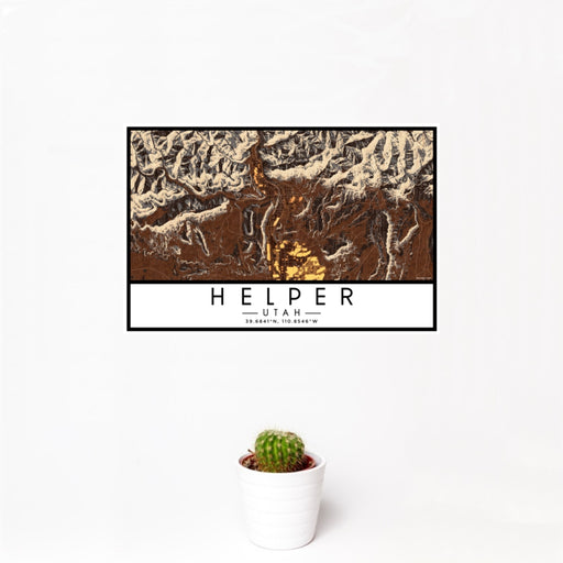 12x18 Helper Utah Map Print Landscape Orientation in Ember Style With Small Cactus Plant in White Planter