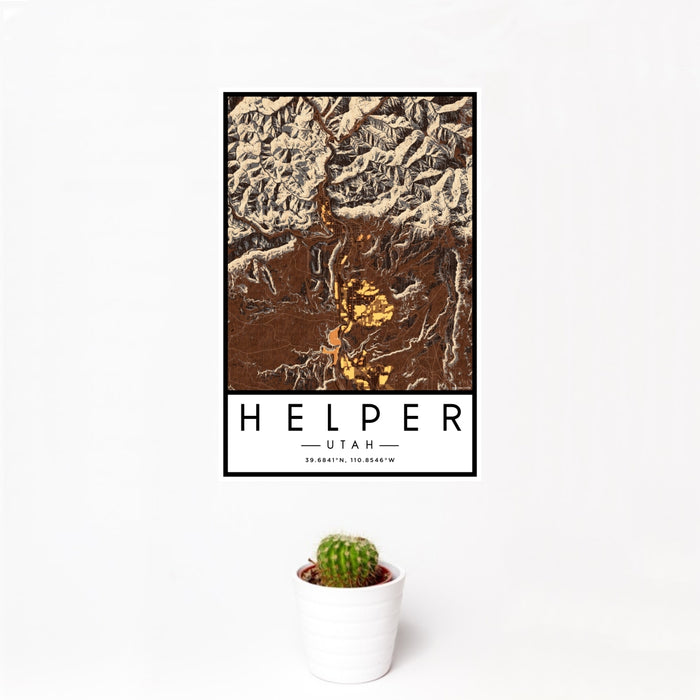 12x18 Helper Utah Map Print Portrait Orientation in Ember Style With Small Cactus Plant in White Planter