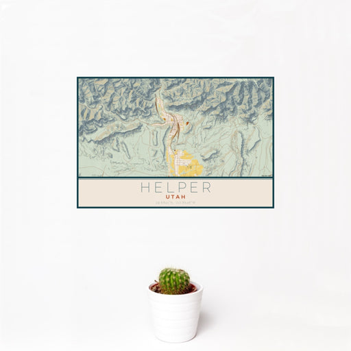 12x18 Helper Utah Map Print Landscape Orientation in Woodblock Style With Small Cactus Plant in White Planter