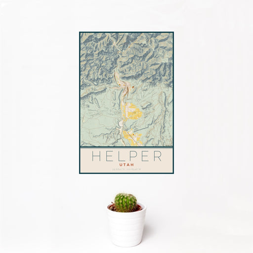 12x18 Helper Utah Map Print Portrait Orientation in Woodblock Style With Small Cactus Plant in White Planter