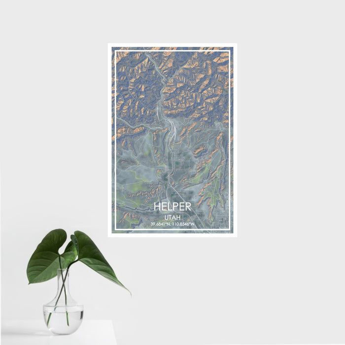 16x24 Helper Utah Map Print Portrait Orientation in Afternoon Style With Tropical Plant Leaves in Water