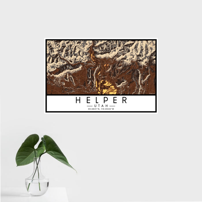 16x24 Helper Utah Map Print Landscape Orientation in Ember Style With Tropical Plant Leaves in Water