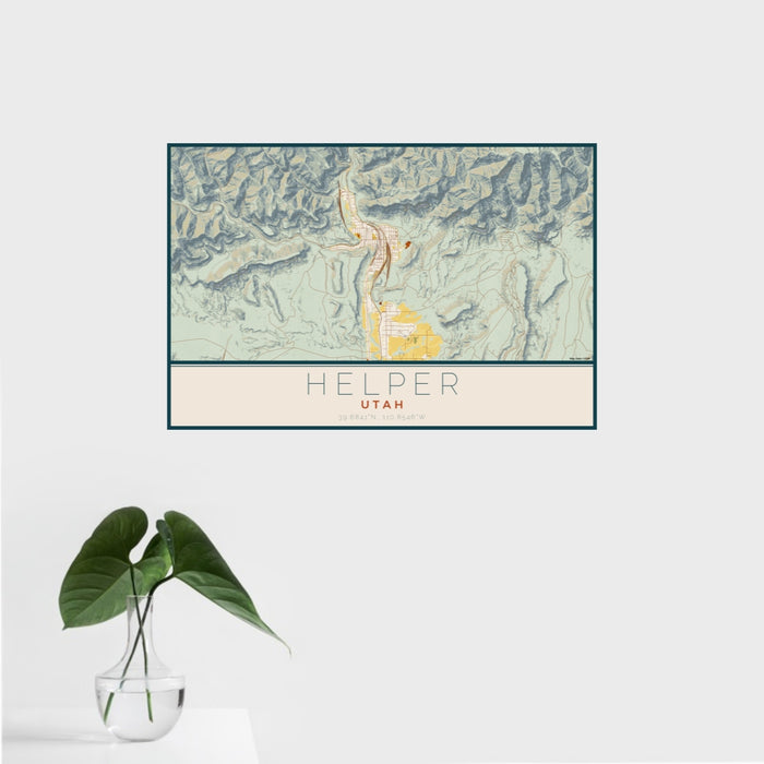 16x24 Helper Utah Map Print Landscape Orientation in Woodblock Style With Tropical Plant Leaves in Water