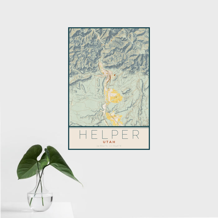 16x24 Helper Utah Map Print Portrait Orientation in Woodblock Style With Tropical Plant Leaves in Water