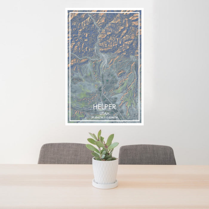 24x36 Helper Utah Map Print Portrait Orientation in Afternoon Style Behind 2 Chairs Table and Potted Plant
