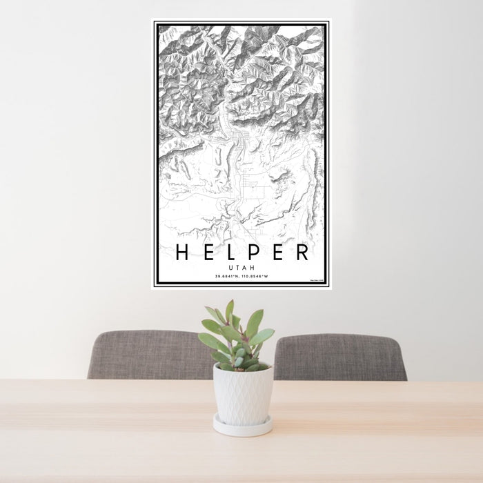 24x36 Helper Utah Map Print Portrait Orientation in Classic Style Behind 2 Chairs Table and Potted Plant