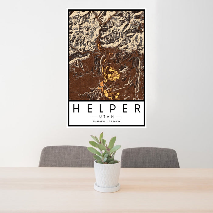 24x36 Helper Utah Map Print Portrait Orientation in Ember Style Behind 2 Chairs Table and Potted Plant