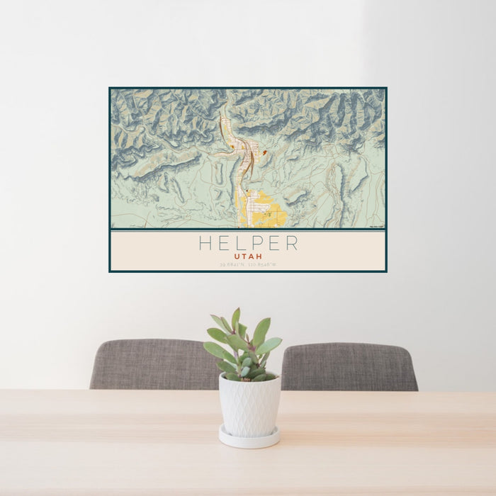 24x36 Helper Utah Map Print Lanscape Orientation in Woodblock Style Behind 2 Chairs Table and Potted Plant