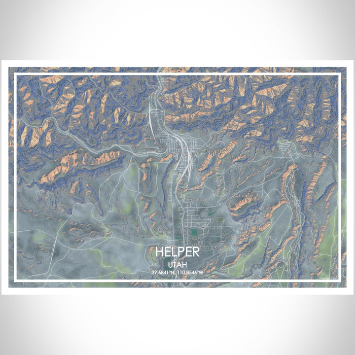 Helper Utah Map Print Landscape Orientation in Afternoon Style With Shaded Background
