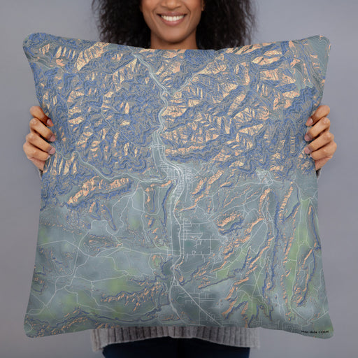Person holding 22x22 Custom Helper Utah Map Throw Pillow in Afternoon