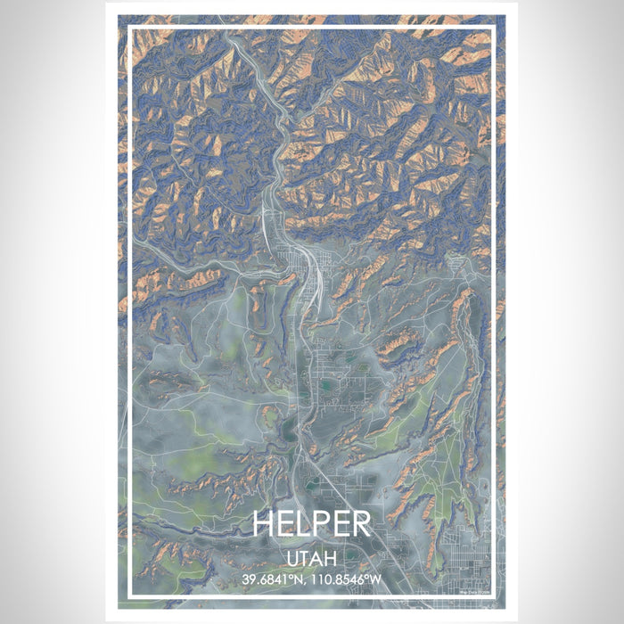 Helper Utah Map Print Portrait Orientation in Afternoon Style With Shaded Background