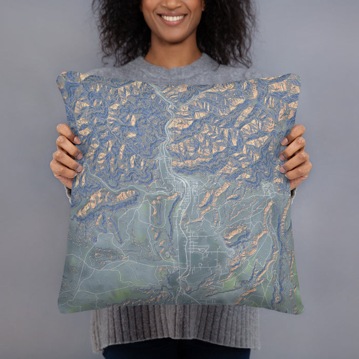 Person holding 18x18 Custom Helper Utah Map Throw Pillow in Afternoon