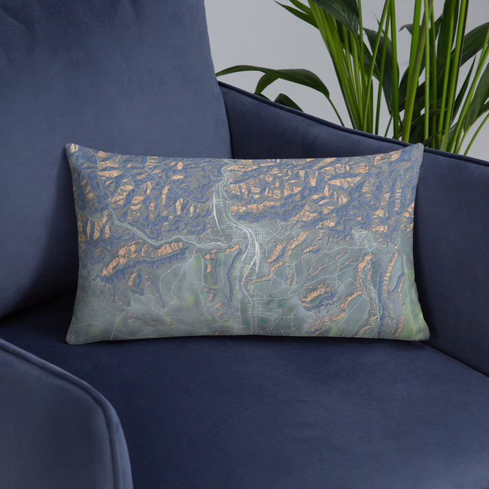 Custom Helper Utah Map Throw Pillow in Afternoon on Blue Colored Chair
