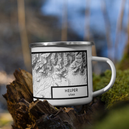 Right View Custom Helper Utah Map Enamel Mug in Classic on Grass With Trees in Background