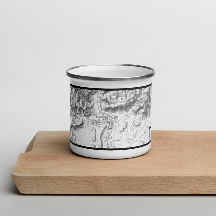 Front View Custom Helper Utah Map Enamel Mug in Classic on Cutting Board