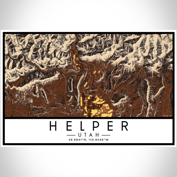Helper Utah Map Print Landscape Orientation in Ember Style With Shaded Background
