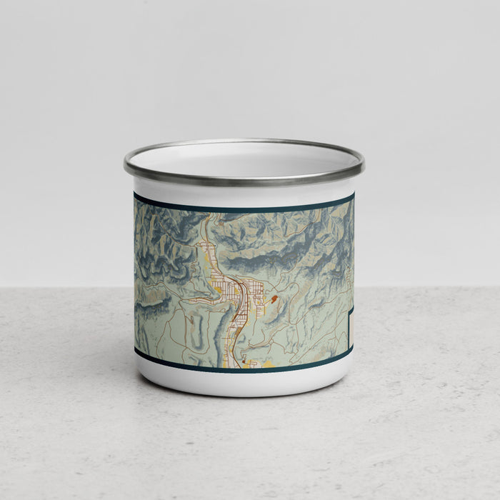 Front View Custom Helper Utah Map Enamel Mug in Woodblock