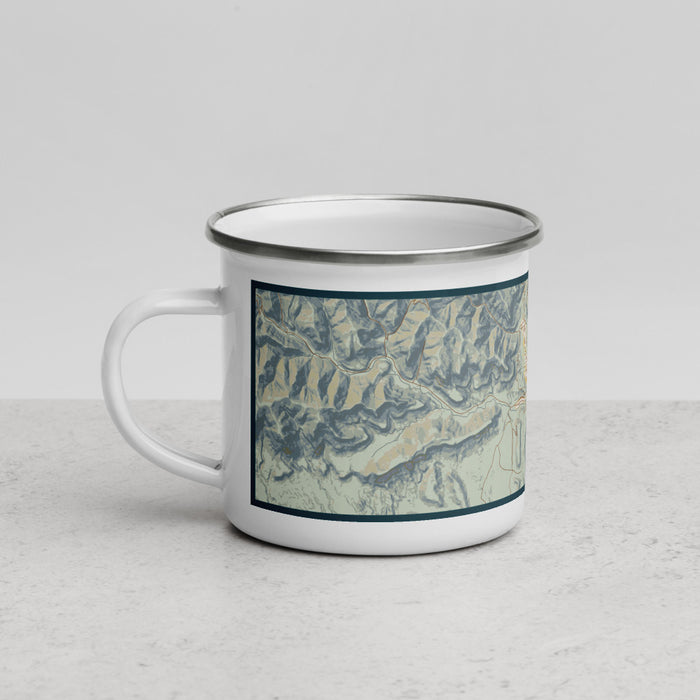 Left View Custom Helper Utah Map Enamel Mug in Woodblock