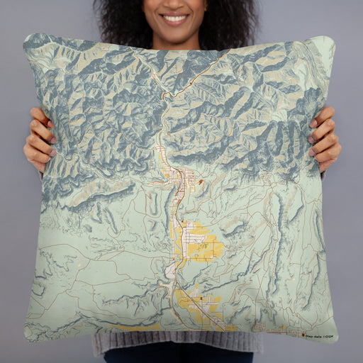 Person holding 22x22 Custom Helper Utah Map Throw Pillow in Woodblock