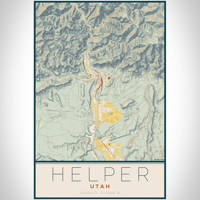 Helper Utah Map Print Portrait Orientation in Woodblock Style With Shaded Background