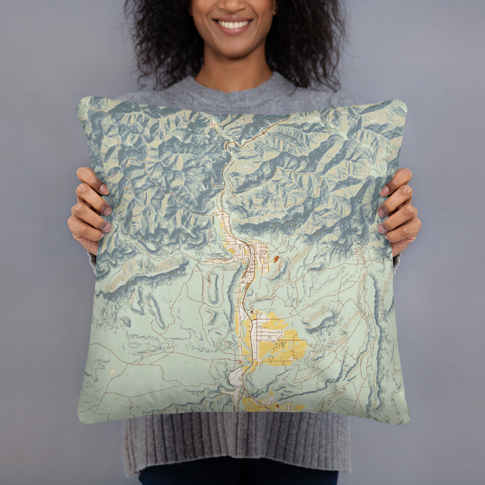 Person holding 18x18 Custom Helper Utah Map Throw Pillow in Woodblock
