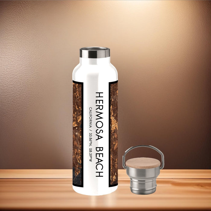 Hermosa Beach California Custom City Map Inscription Coordinates on 20oz Stainless Steel Insulated Bottle with Bamboo Top with printed ember style map