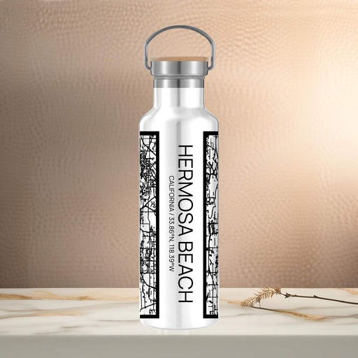 Hermosa Beach California Custom City Map Inscription Coordinates on 20oz Stainless Steel Insulated Bottle with Bamboo Top in Matte White with printed Tactile Lines Map in Black