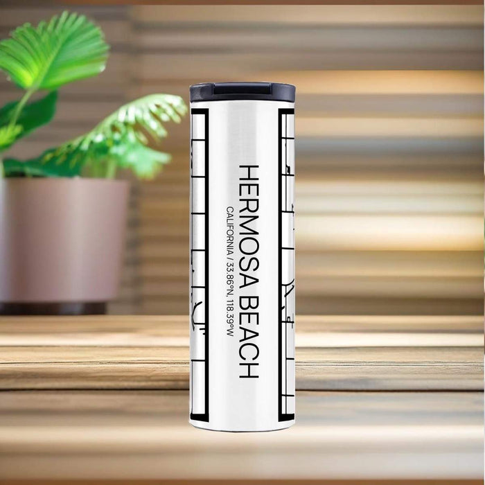 Hermosa Beach California Custom City Map Inscription Coordinates on 17oz Stainless Steel Insulated Tumbler in Matte White with Tactile Lines