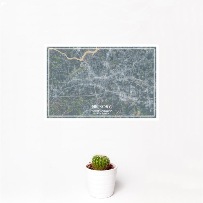 12x18 Hickory North Carolina Map Print Landscape Orientation in Afternoon Style With Small Cactus Plant in White Planter