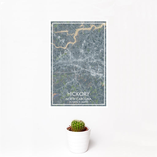 12x18 Hickory North Carolina Map Print Portrait Orientation in Afternoon Style With Small Cactus Plant in White Planter