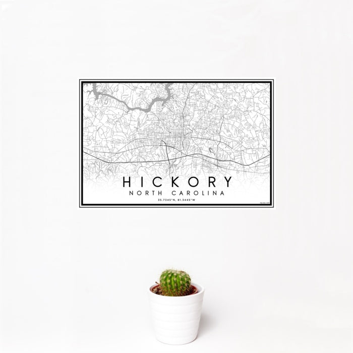 12x18 Hickory North Carolina Map Print Landscape Orientation in Classic Style With Small Cactus Plant in White Planter