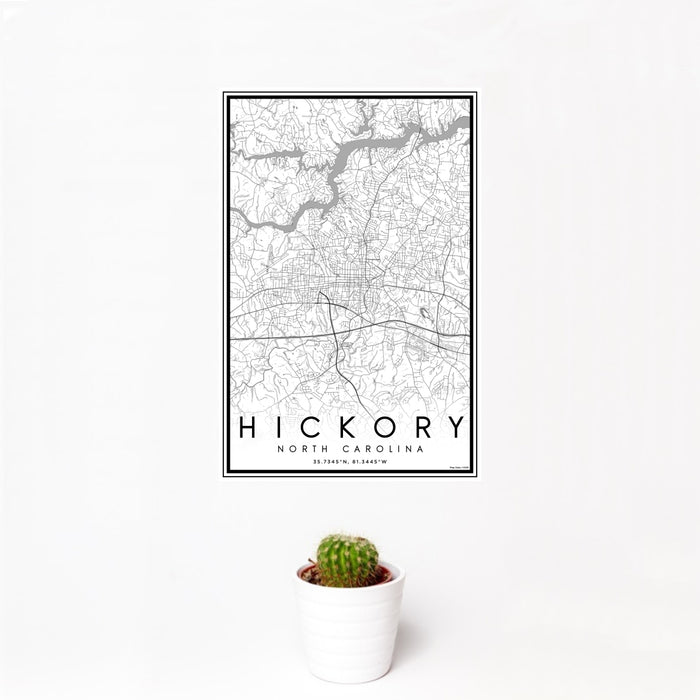 12x18 Hickory North Carolina Map Print Portrait Orientation in Classic Style With Small Cactus Plant in White Planter