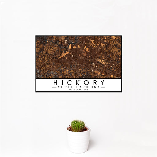 12x18 Hickory North Carolina Map Print Landscape Orientation in Ember Style With Small Cactus Plant in White Planter