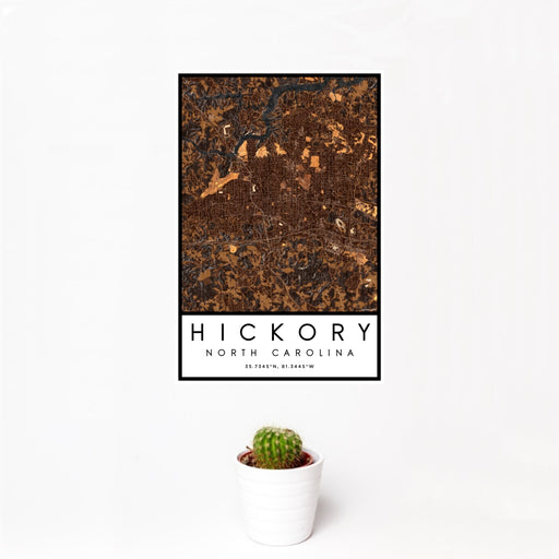 12x18 Hickory North Carolina Map Print Portrait Orientation in Ember Style With Small Cactus Plant in White Planter