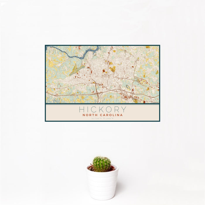 12x18 Hickory North Carolina Map Print Landscape Orientation in Woodblock Style With Small Cactus Plant in White Planter