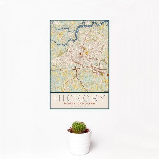 12x18 Hickory North Carolina Map Print Portrait Orientation in Woodblock Style With Small Cactus Plant in White Planter