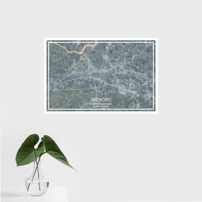 16x24 Hickory North Carolina Map Print Landscape Orientation in Afternoon Style With Tropical Plant Leaves in Water