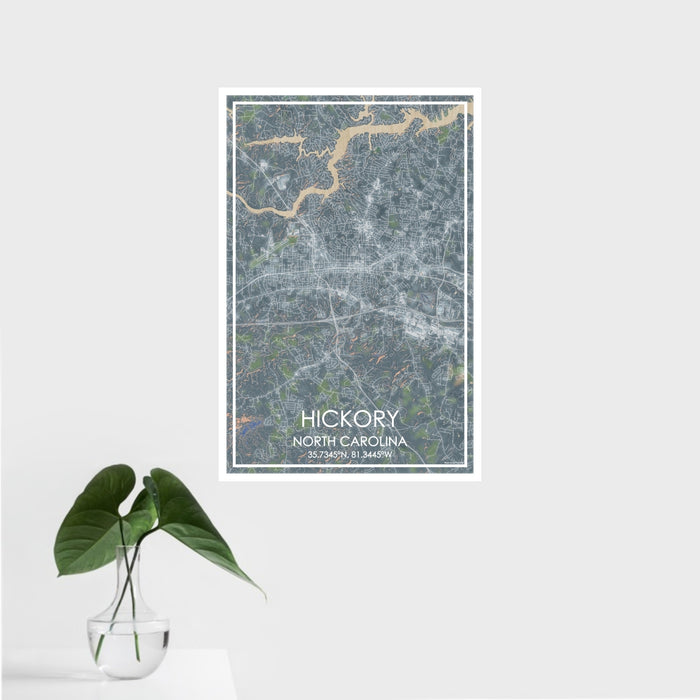 16x24 Hickory North Carolina Map Print Portrait Orientation in Afternoon Style With Tropical Plant Leaves in Water
