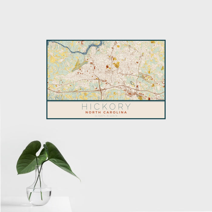 16x24 Hickory North Carolina Map Print Landscape Orientation in Woodblock Style With Tropical Plant Leaves in Water