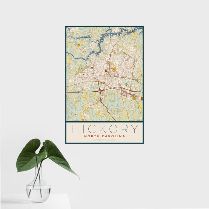 16x24 Hickory North Carolina Map Print Portrait Orientation in Woodblock Style With Tropical Plant Leaves in Water