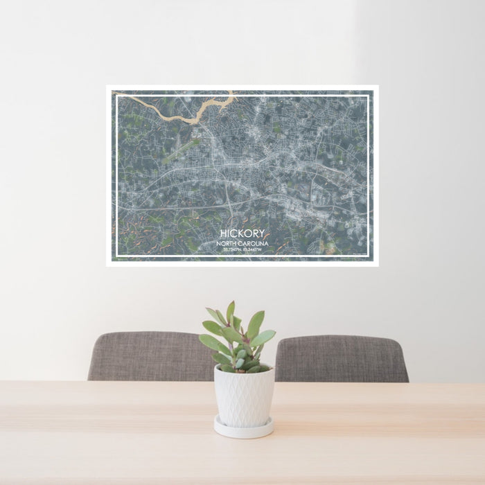 24x36 Hickory North Carolina Map Print Lanscape Orientation in Afternoon Style Behind 2 Chairs Table and Potted Plant