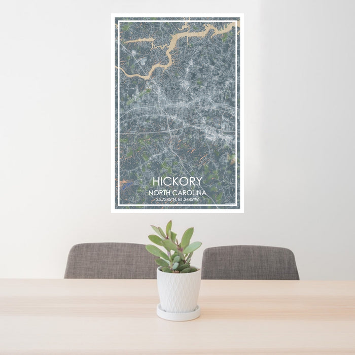 24x36 Hickory North Carolina Map Print Portrait Orientation in Afternoon Style Behind 2 Chairs Table and Potted Plant