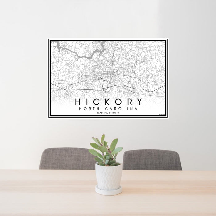 24x36 Hickory North Carolina Map Print Lanscape Orientation in Classic Style Behind 2 Chairs Table and Potted Plant