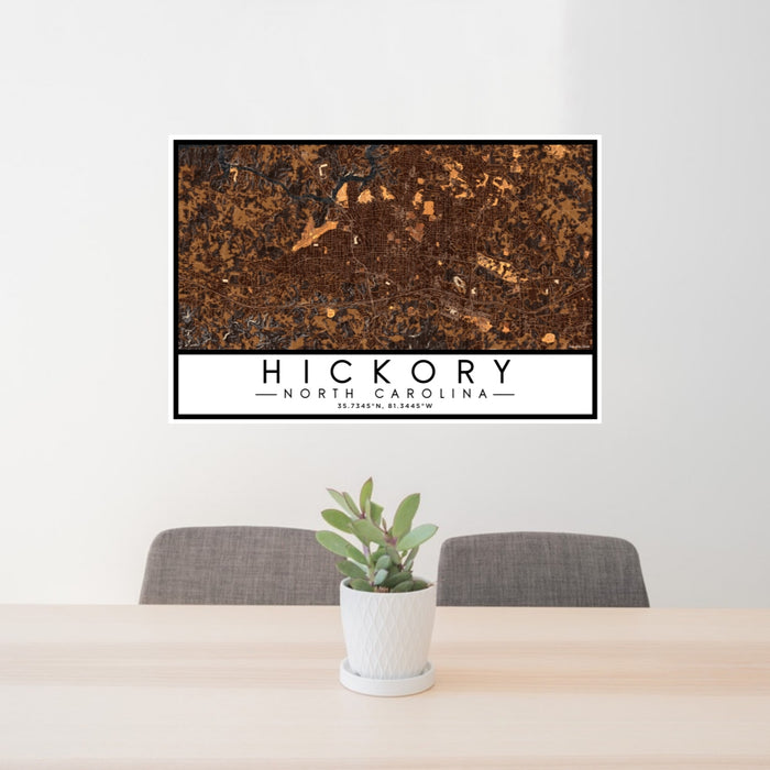 24x36 Hickory North Carolina Map Print Lanscape Orientation in Ember Style Behind 2 Chairs Table and Potted Plant