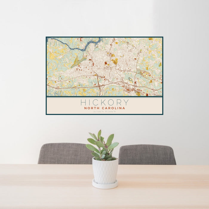 24x36 Hickory North Carolina Map Print Lanscape Orientation in Woodblock Style Behind 2 Chairs Table and Potted Plant